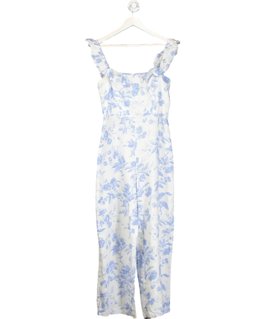 & Other Stories White / Blue Linen Floral Print Jumpsuit UK M