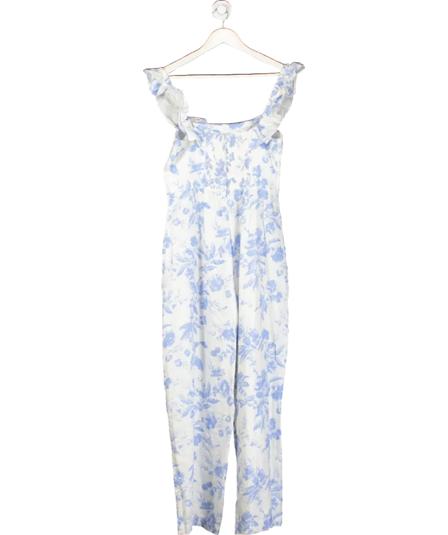 & Other Stories White / Blue Linen Floral Print Jumpsuit UK M
