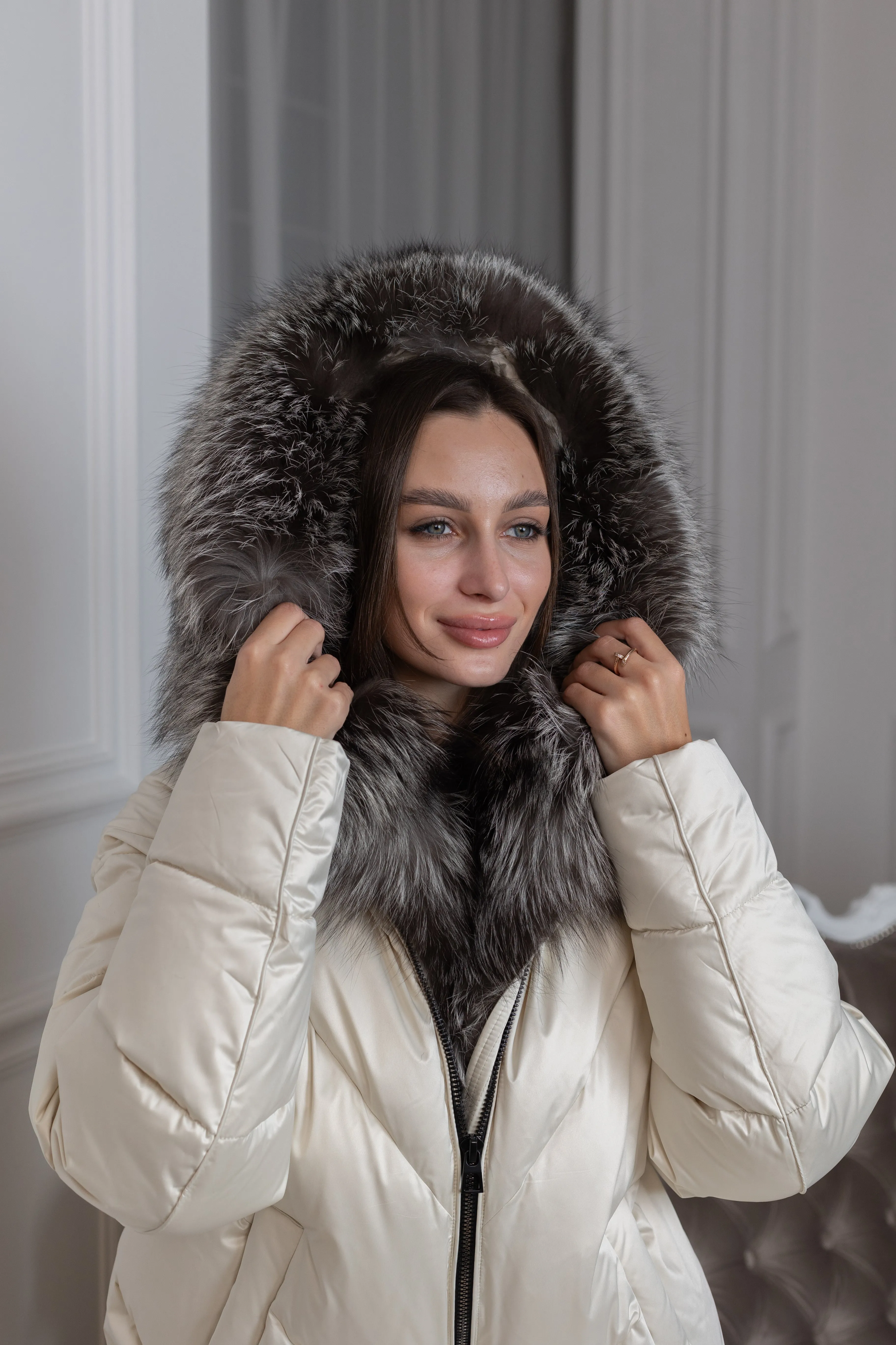 Azura Genuine Silver Fox Fur Down Fill Coat