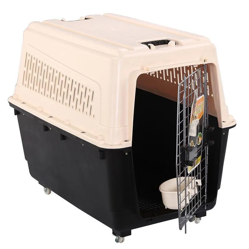 Durable XXL Pet Carrier with Wheels, Tray & Bowl