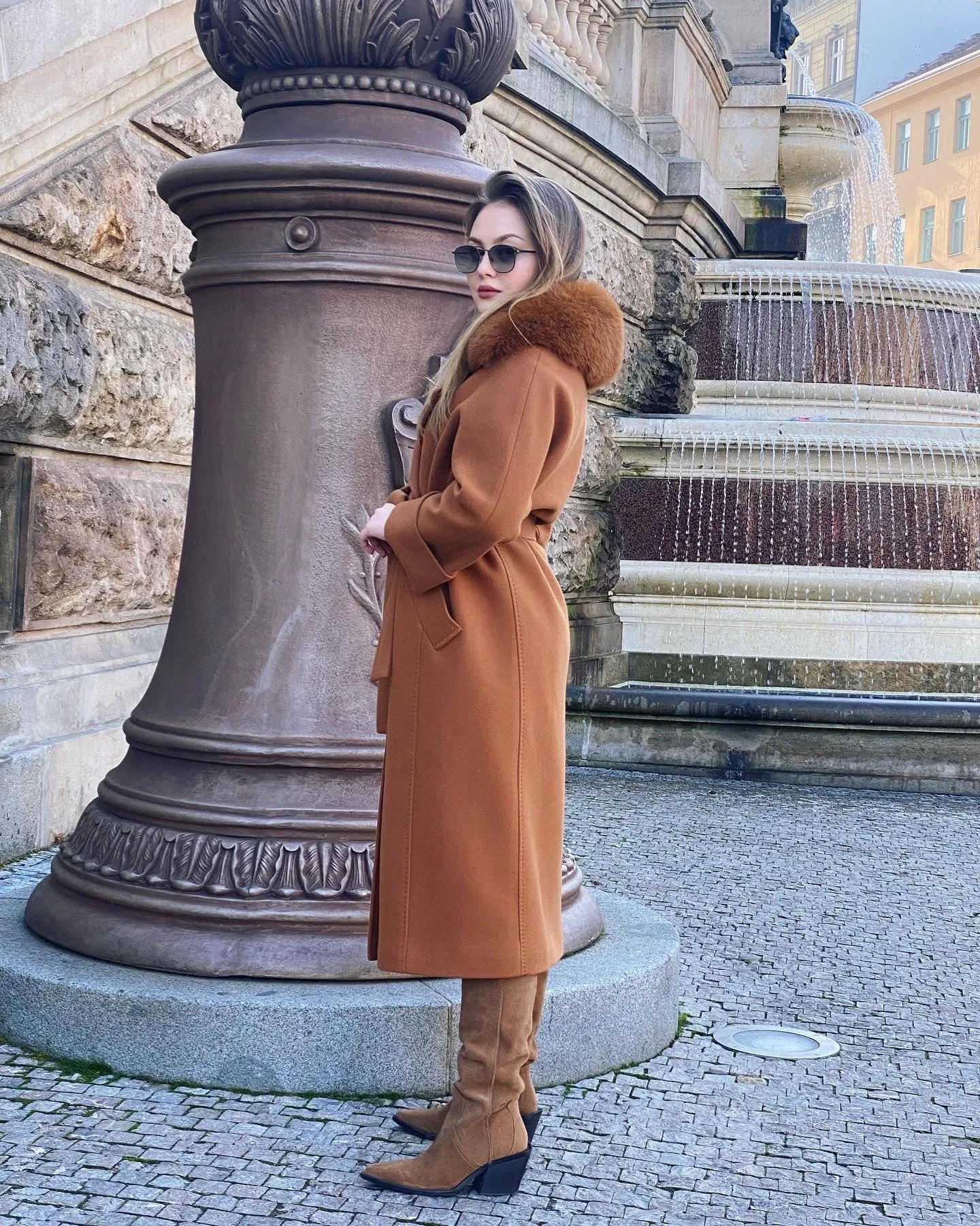 Genuine Polar Fox Collar Cashmere Wool Coat