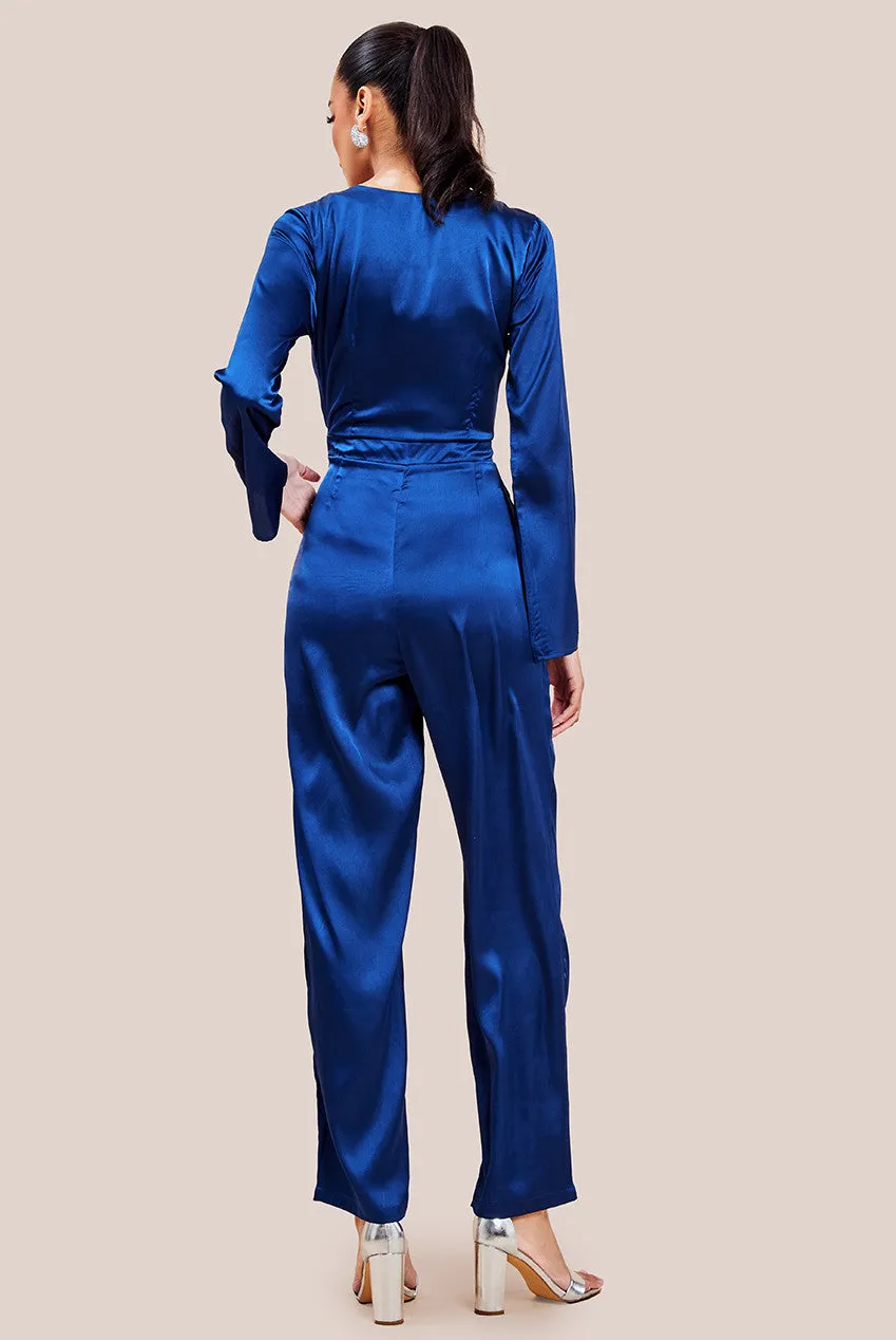 Goddiva Cut Out Satin Jumpsuit With Tie-Up