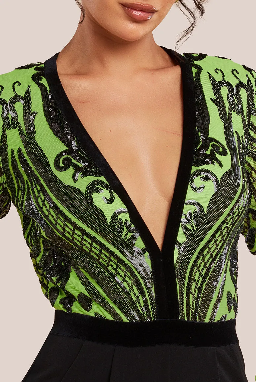 Goddiva Deep V Neck Sequin Embroidered Jumpsuit