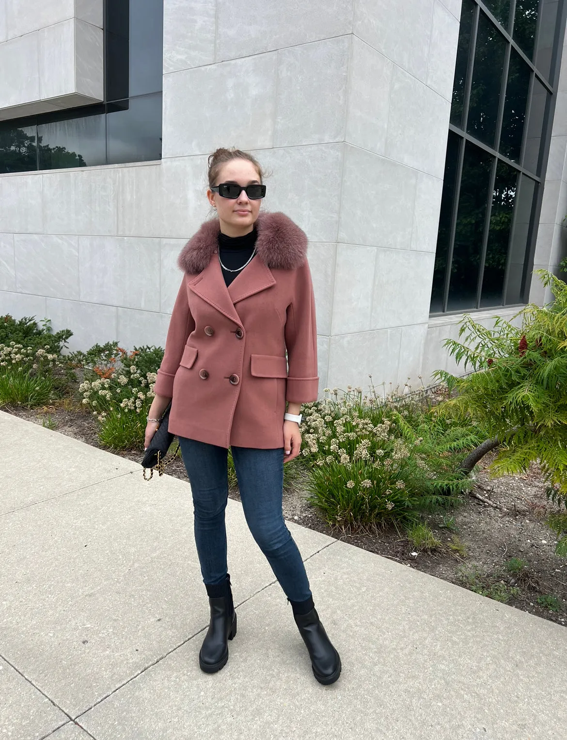Jackie Genuine Polar Fox Trim Cashmere Wool Coat