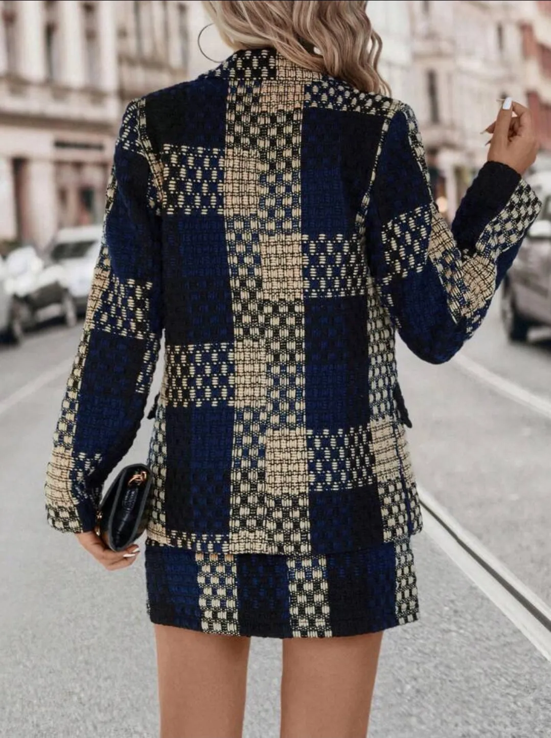 Peak Lapel Plaid Blazer And Skirt