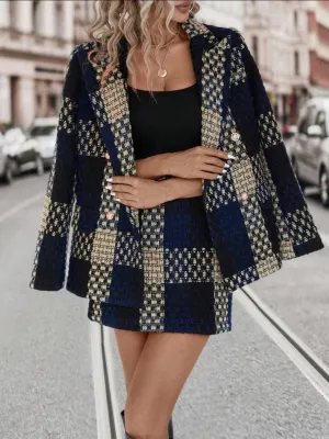 Peak Lapel Plaid Blazer And Skirt