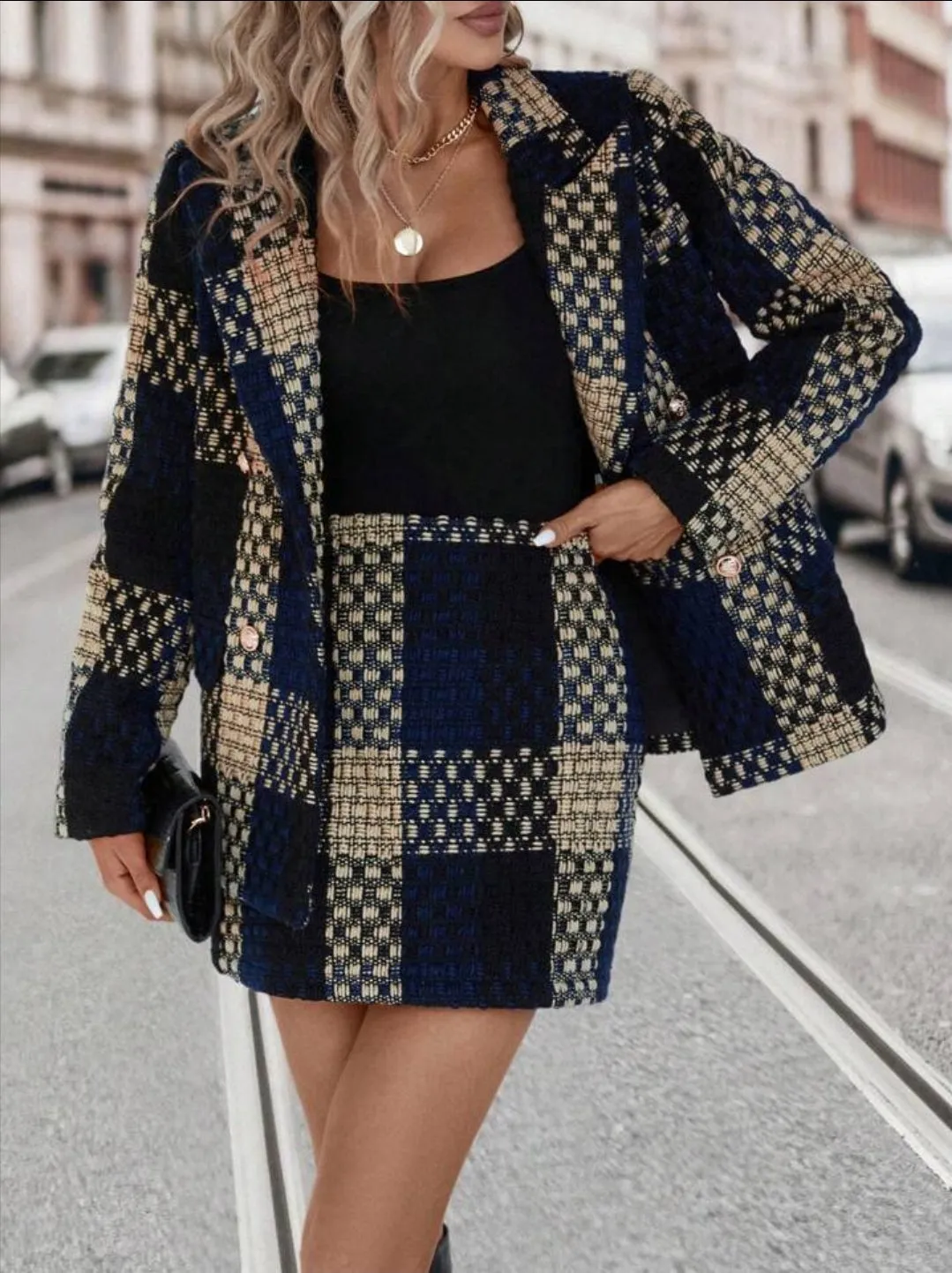 Peak Lapel Plaid Blazer And Skirt