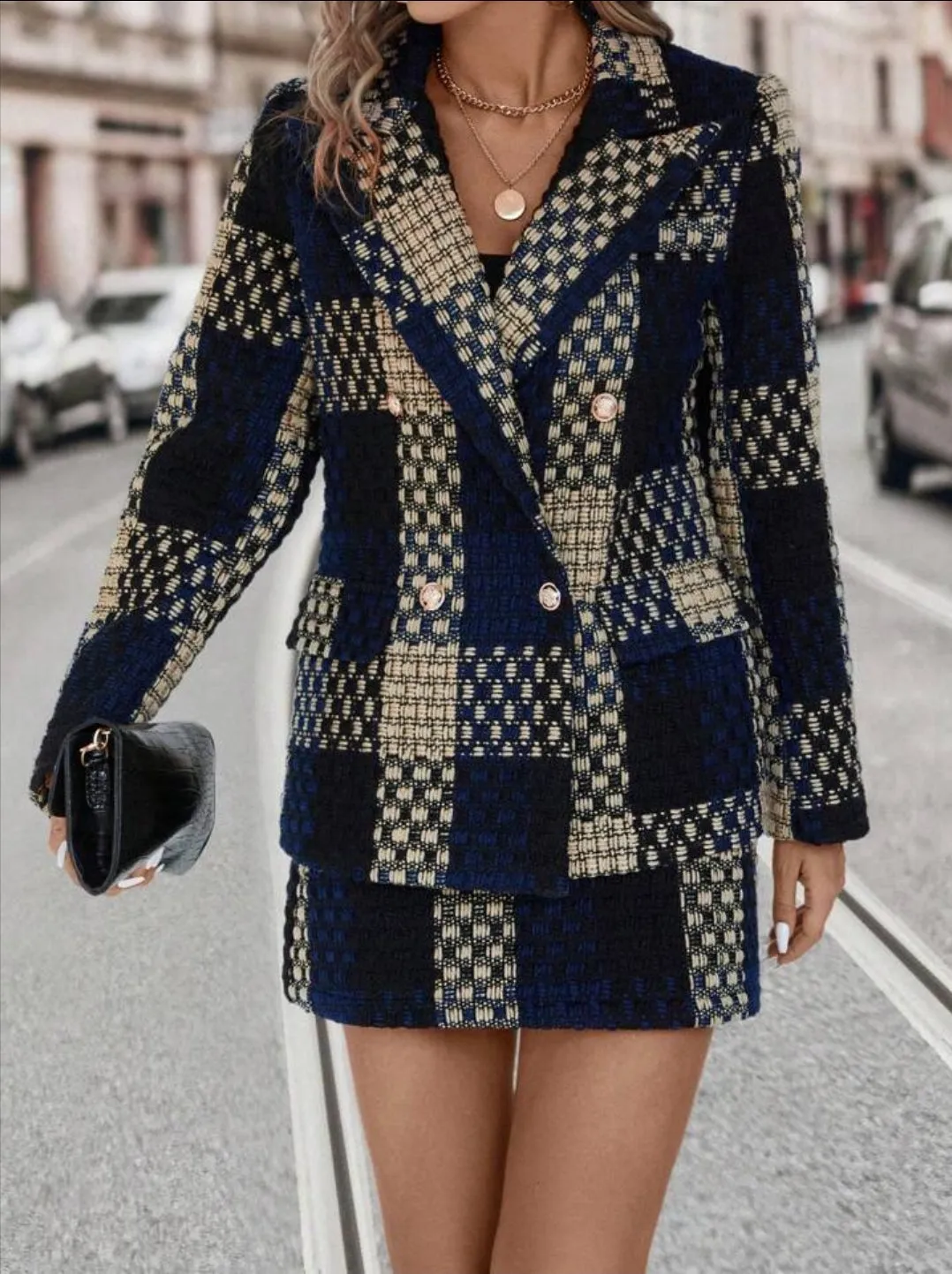 Peak Lapel Plaid Blazer And Skirt