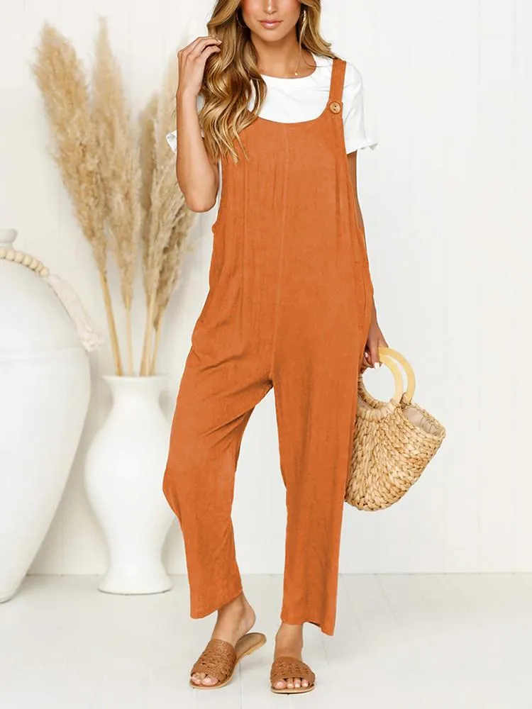 Pocket Solid Wide Leg Strappy Jumpsuit Overalls