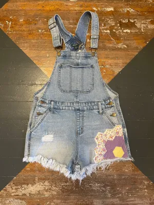 PURPLE QUILT FLOWER OVERALL SHORTS - XS