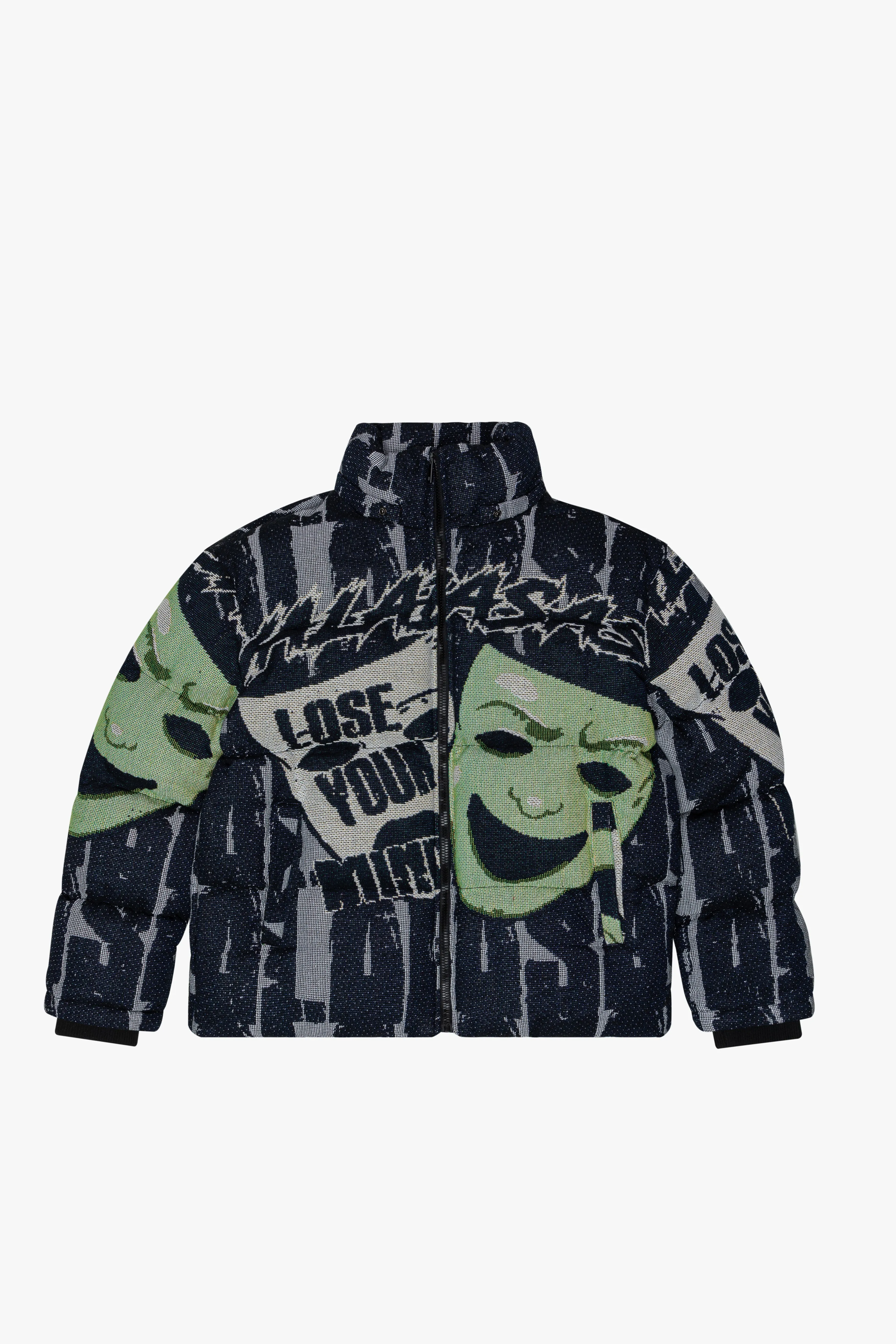 "UNSPUN REALITIES" BLACK TAPESTRY PUFFER JACKET