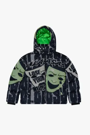 "UNSPUN REALITIES" BLACK TAPESTRY PUFFER JACKET