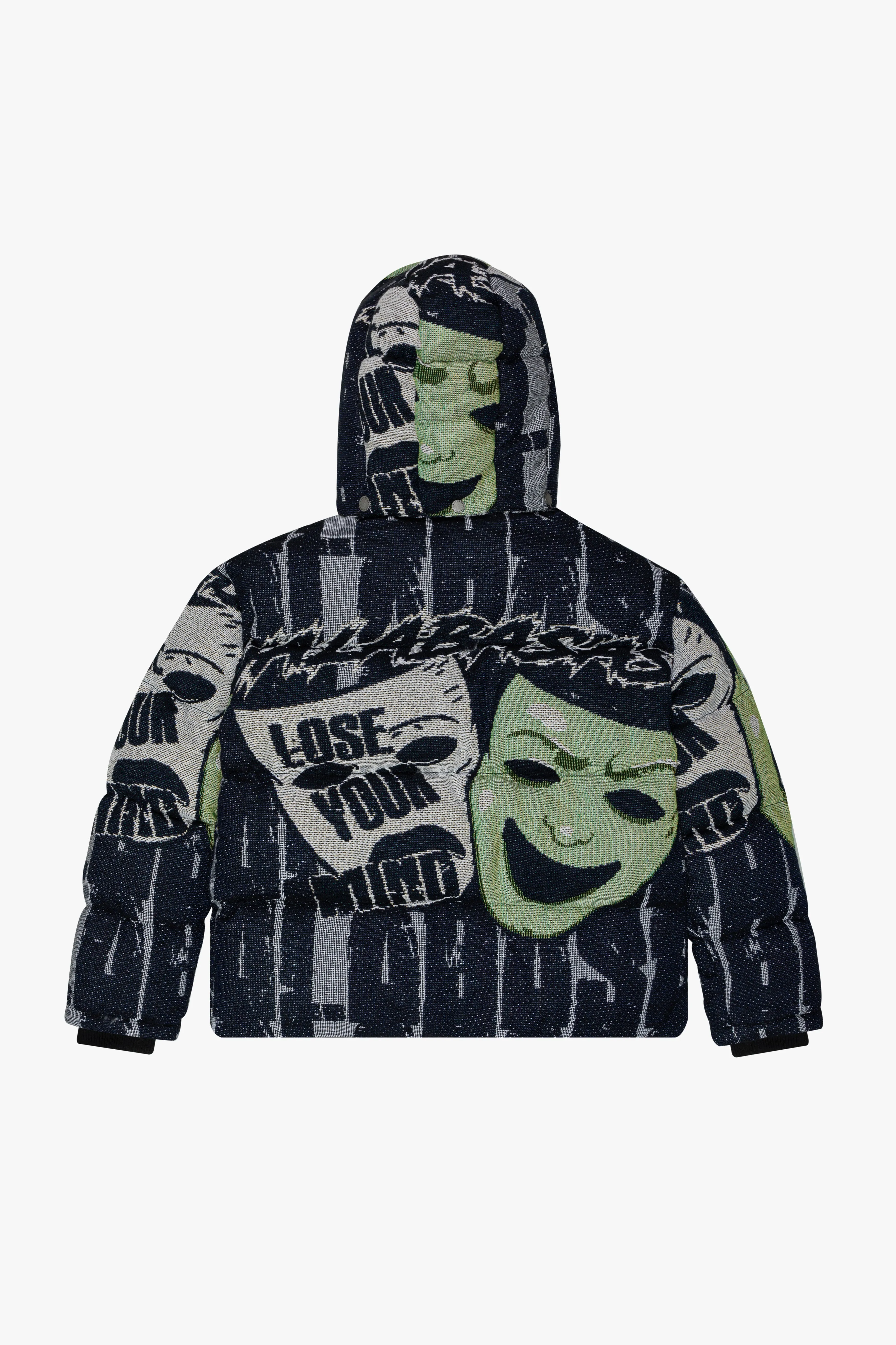 "UNSPUN REALITIES" BLACK TAPESTRY PUFFER JACKET